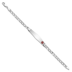 14K White Gold Medical Semi-Solid Chain/Solid Plate Soft Diamond Shape 37x9mm Off-Center Red Enamel Cuban Link 7 inch ID Bracelet
