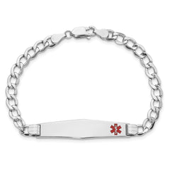 14K White Gold Medical Semi-Solid Chain/Solid Plate Soft Diamond Shape 37x9mm Off-Center Red Enamel Cuban Link 7 inch ID Bracelet