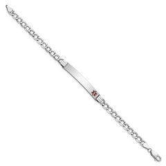 14K White Gold Medical Semi-solid Chain/Solid Plate 37x6mm Off-Center Red Enamel Curb Link 7 inch ID Bracelet