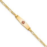 14k Medical Solid Chain/Solid Plate 20x5mm Soft Diamond Shape Centered Red Enamel Figaro Link 6 inch Baby/Child ID Bracelet