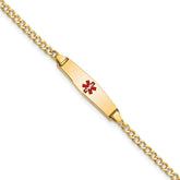 14k Medical Semi-Solid Chain/Solid Plate 20x5mm Soft Diamond Shape Centered Red Enamel Cuban Link 6 inch Baby/Child ID Bracelet