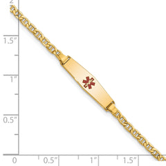 14k Medical Semi-Solid Chain/Solid Plate 20x5mm Soft Diamond Shape Centered Red Enamel Anchor Link 6 inch Baby/Child ID Bracelet