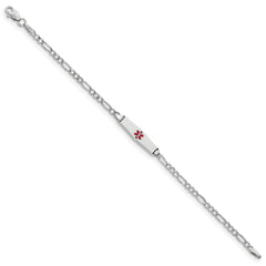 14k White Gold Medical Semi-Solid Chain/Solid Plate 20x5mm Soft Diamond Shape Centered Red Enamel Figaro Link 6 inch Baby/Child ID Bracelet