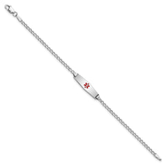 14k White Gold Medical Semi-Solid Chain/Solid Plate 20x5mm Soft Diamond Shape Centered Red Enamel Cuban Link 6 inch Baby/Child ID Bracelet