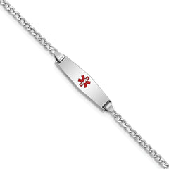 14k White Gold Medical Semi-Solid Chain/Solid Plate 20x5mm Soft Diamond Shape Centered Red Enamel Cuban Link 6 inch Baby/Child ID Bracelet