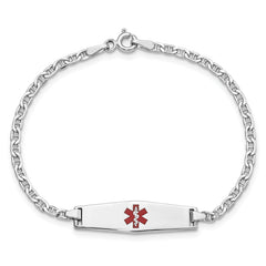 14k White Gold Medical Semi-Solid Chain/Solid Plate 25x7mm Soft Diamond Shape Centered Red Enamel Anchor Link 6 inch Baby/Child ID Bracelet