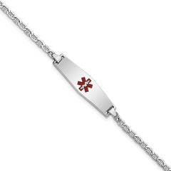 14k White Gold Medical Semi-Solid Chain/Solid Plate 25x7mm Soft Diamond Shape Centered Red Enamel Anchor Link 6 inch Baby/Child ID Bracelet