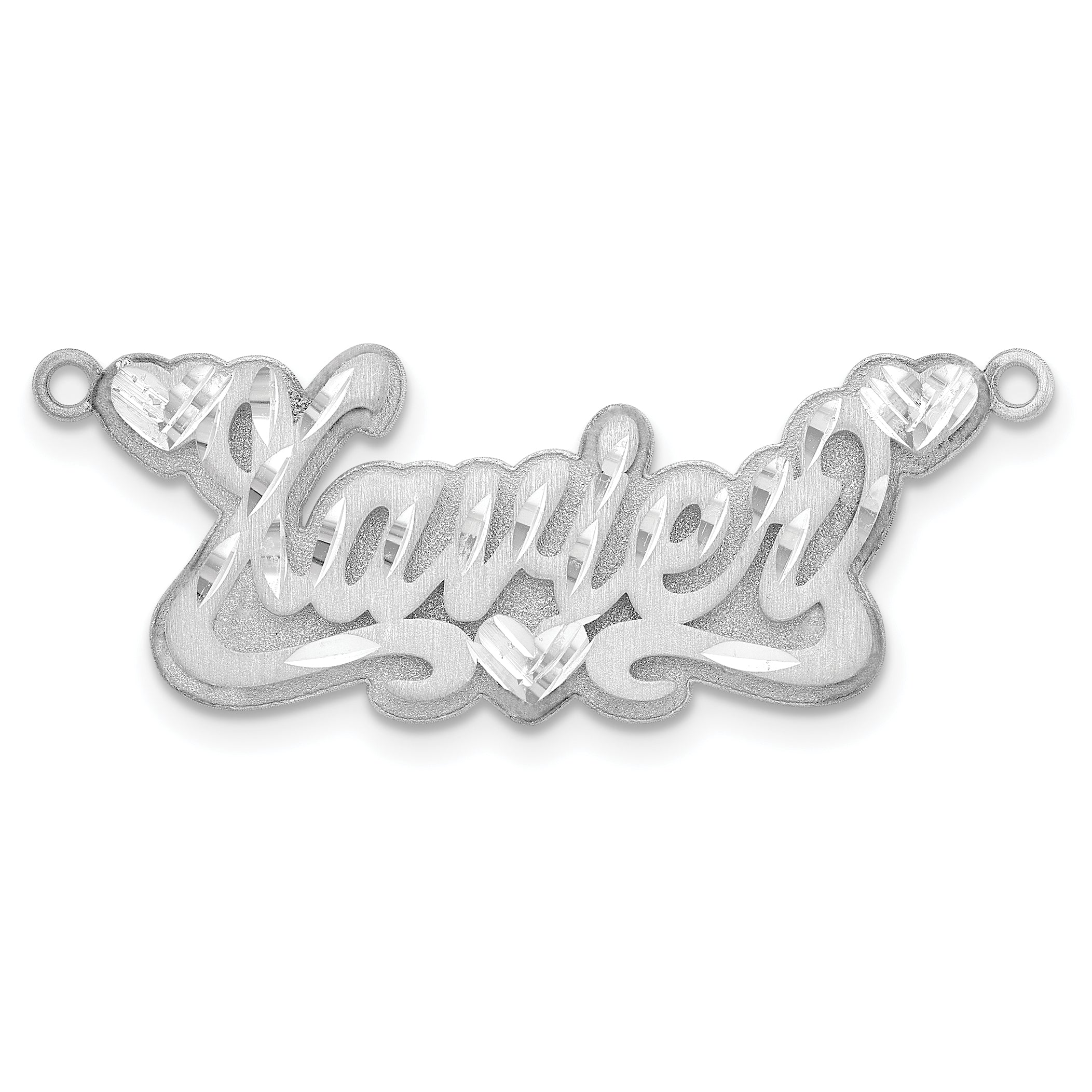 14k White Gold 3D Satin Diamond-cut Hearts Name Plate