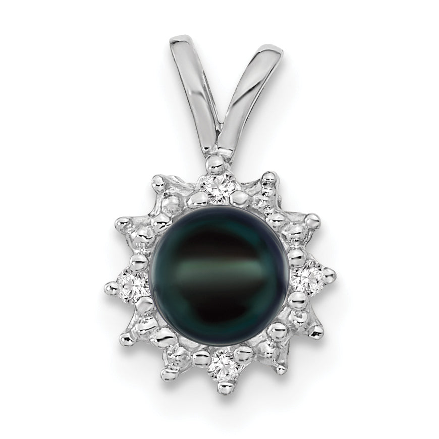 14k White Gold 4-5mm Near Round Black Freshwater Cultured Pearl and AAA Diamond Pendant