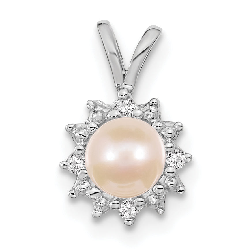 14k White Gold 4-5mm Near Round White Freshwater Cultured Pearl and AAA Diamond Pendant