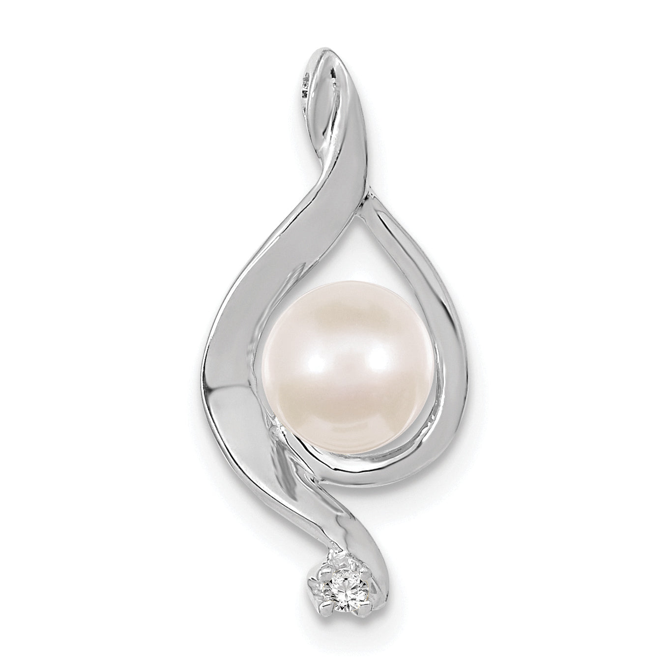 14k White Gold 5-6mm Near Round White Freshwater Cultured Pearl and AAA Diamond Chain Slide