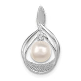 14k White Gold 7-8mm Near Round White Freshwater Cultured Pearl and AAA Diamond Pendant