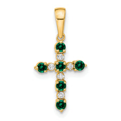 14k Lab Created Emerald and Diamond Cross Pendant