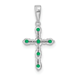 14k White Gold Lab Created Emerald and Diamond Cross Pendant