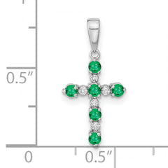 14k White Gold Lab Created Emerald and Diamond Cross Pendant