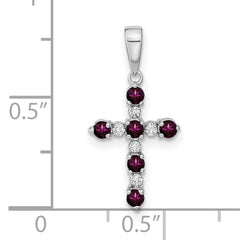 14k White Gold Rhodolite Garnet and Diamond Cross Pendant