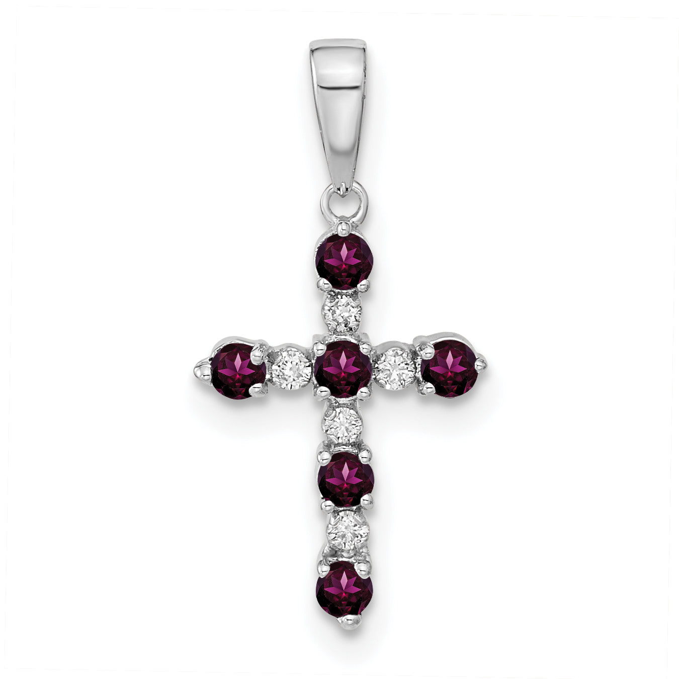 14k White Gold Rhodolite Garnet and Diamond Cross Pendant