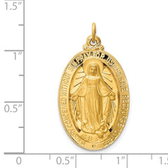 14K Gold Polished/Satin Large Oval Miraculous Medal Pendant, 32mm x 18mm