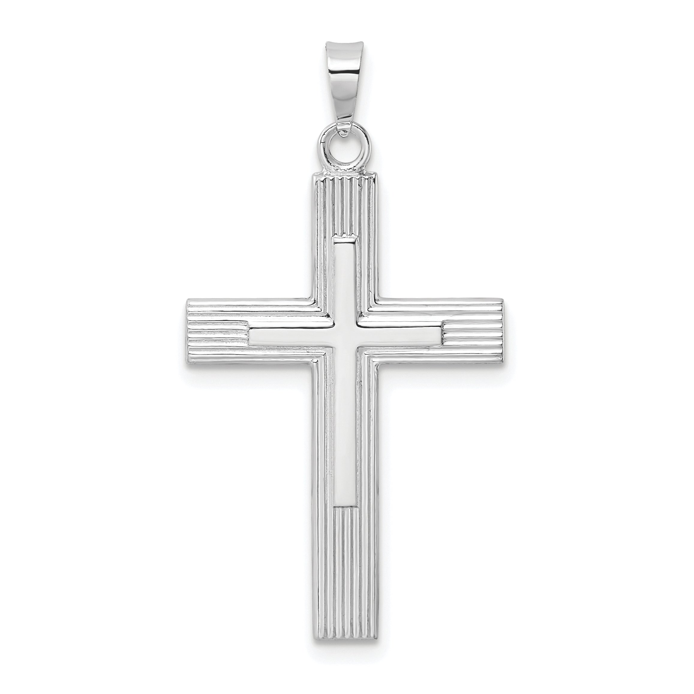 14k White Gold Polished Solid Striped Double Cross Pendant