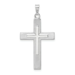 14k White Gold Polished Solid Striped Double Cross Pendant