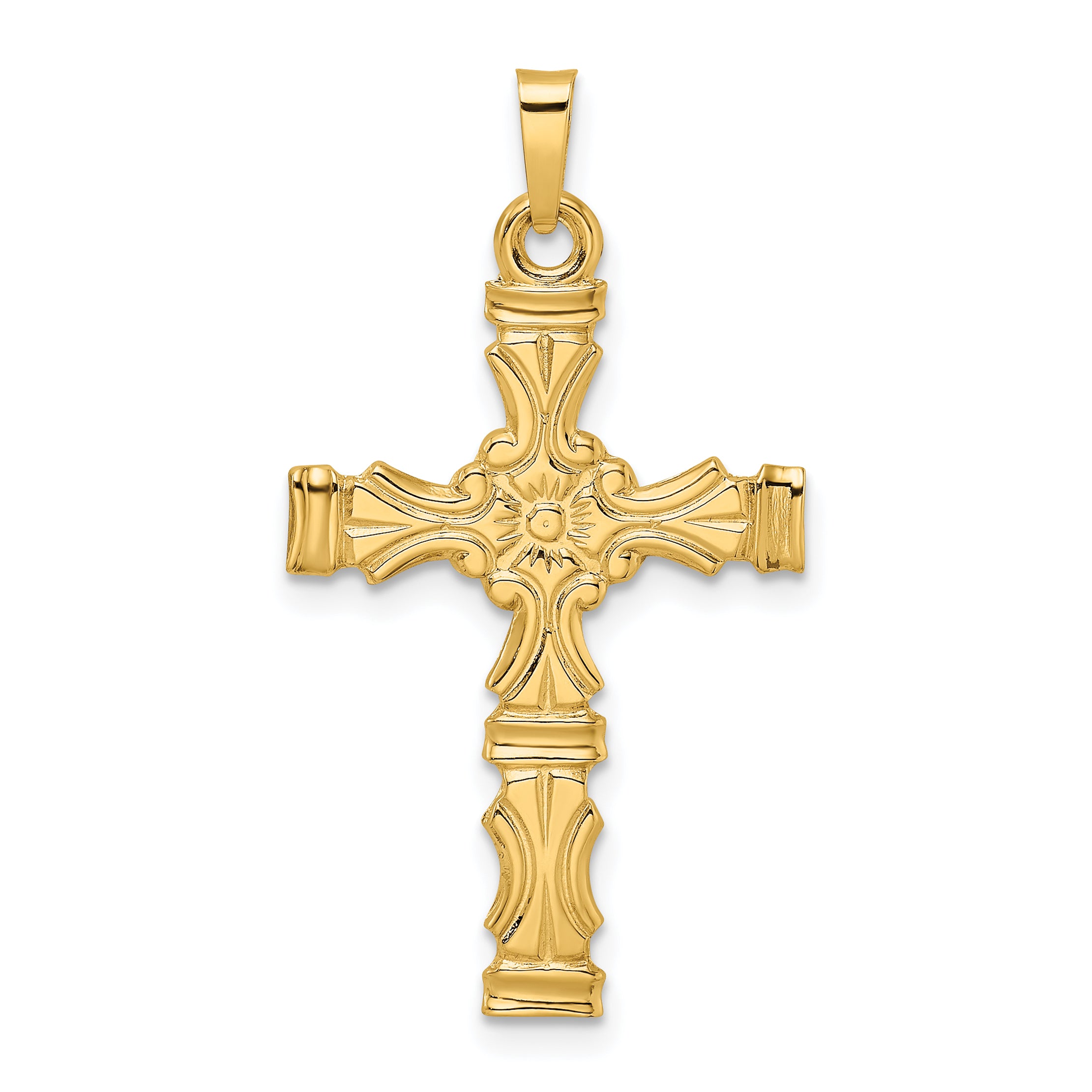 14k Polished Solid Floral Center Cross Pendant