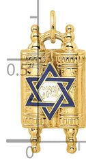 14k Polished Solid Torah and Enameled Star of David Pendant