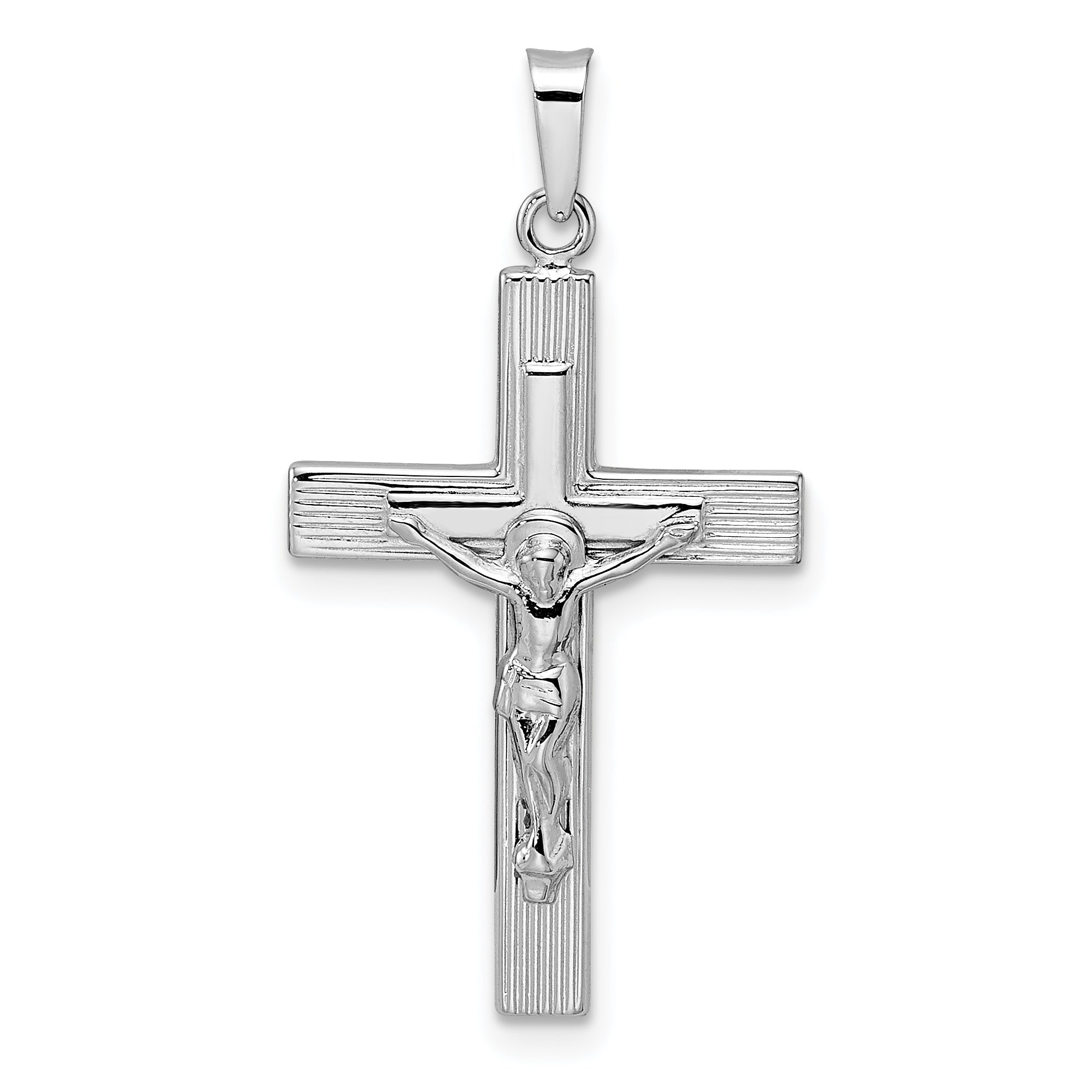 14k White Gold Polished Solid Striped Crucifix Pendant