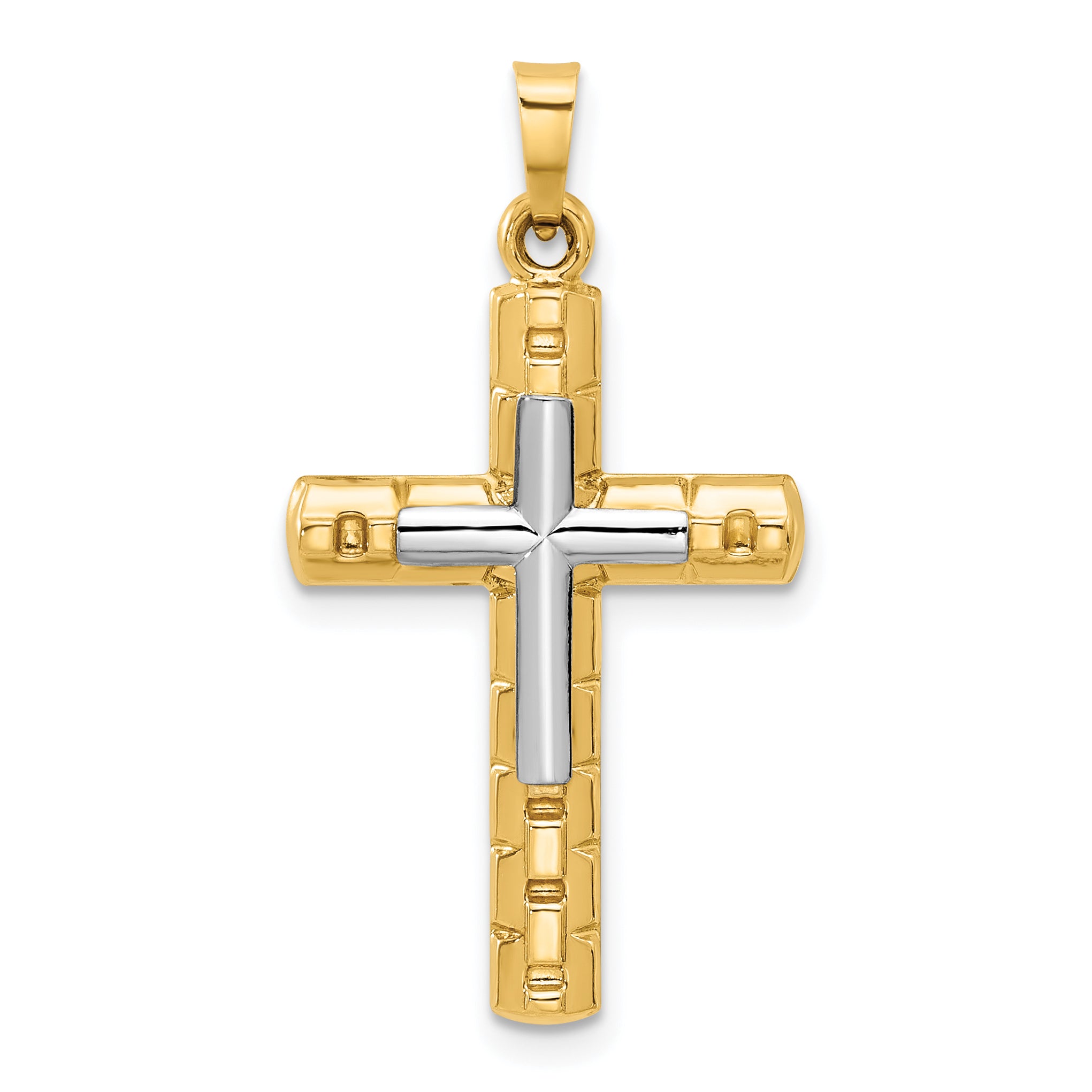 14k Two-Tone Textured and Polished Hollow Latin Cross Pendant