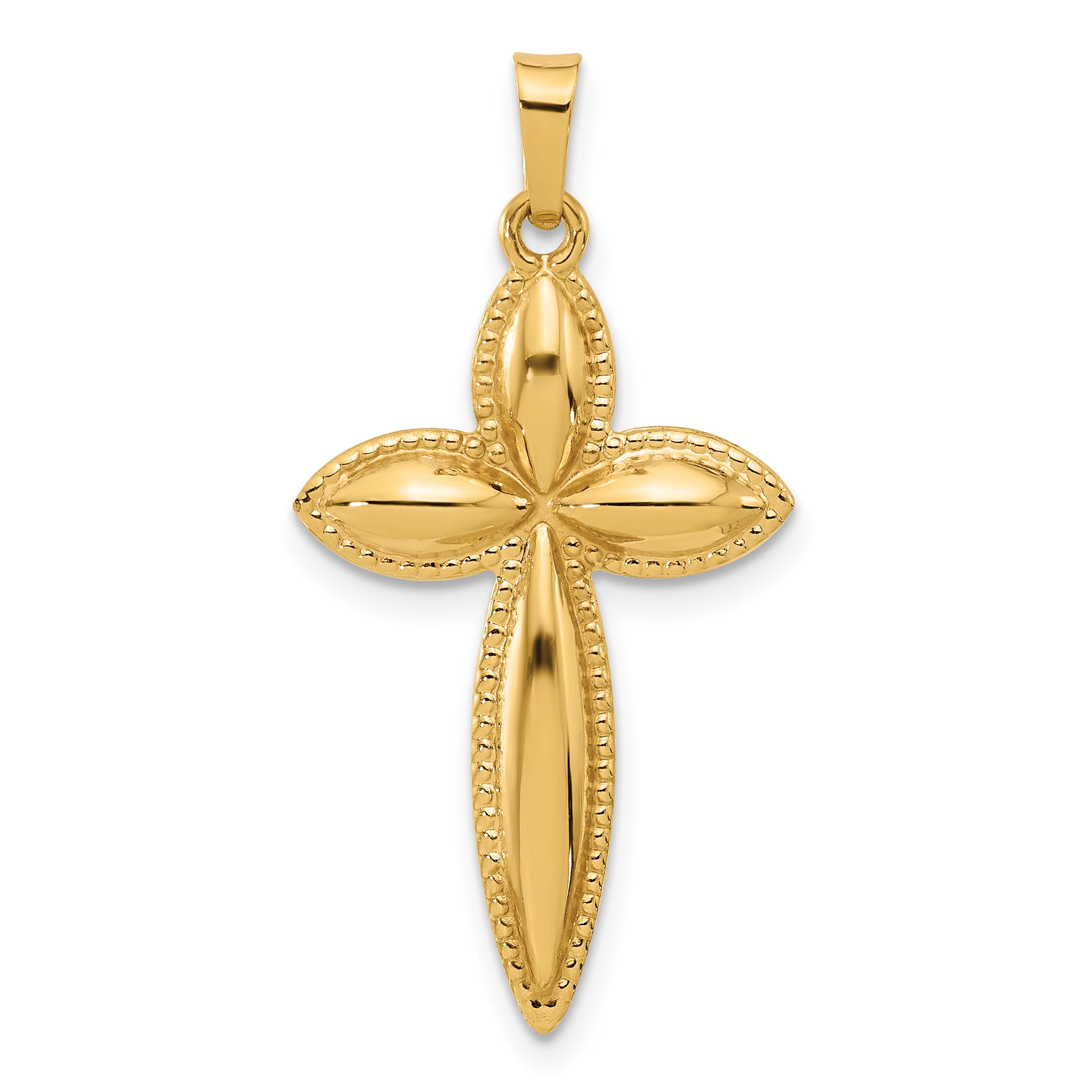 14k Polished and Beaded Hollow Edge Passion Cross Pendant