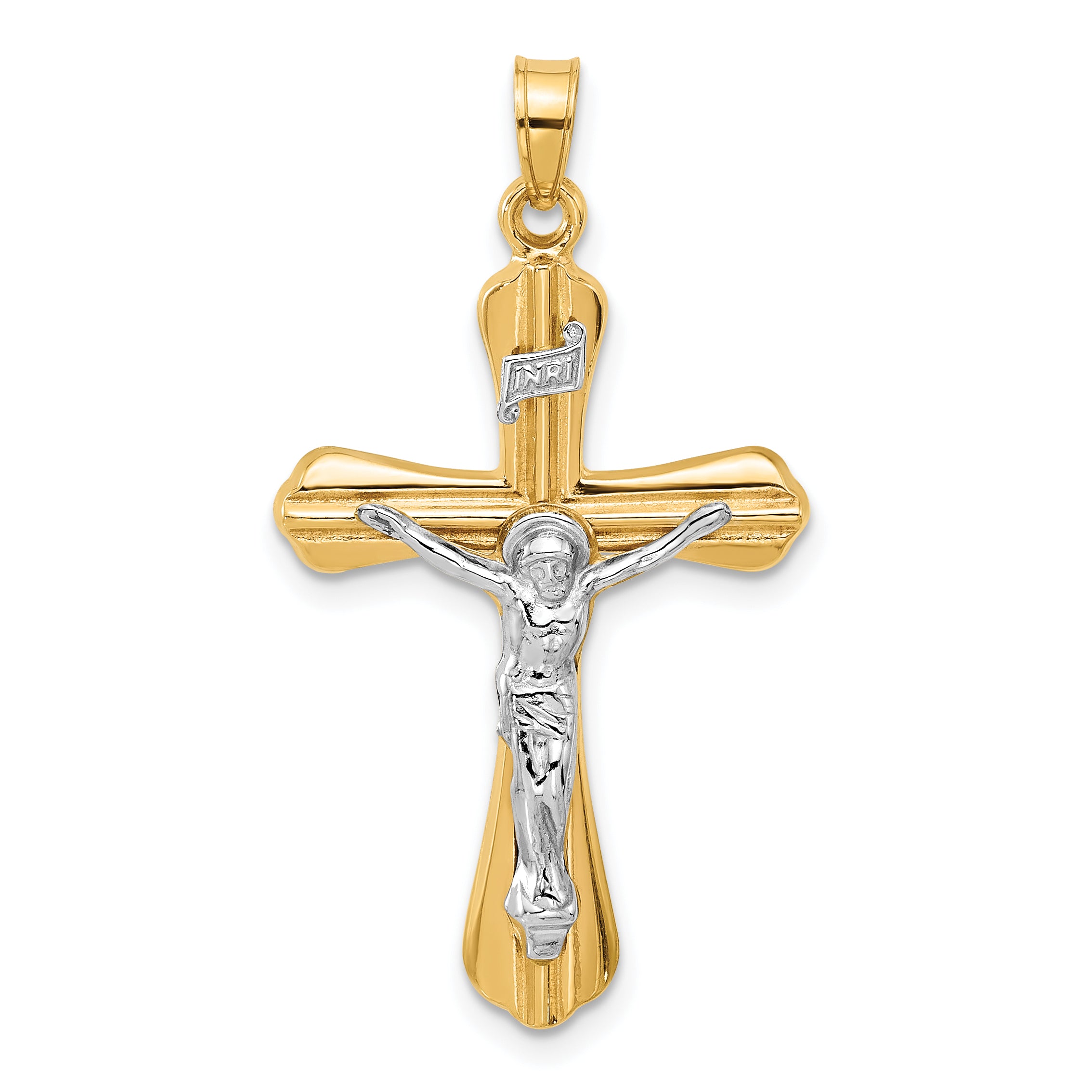 14k Two-Tone Grooved Hollow INRI Crucifix Pendent