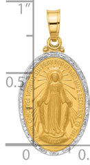 14K with Rhodium Satin and Polished Miraculous Medal Solid Oval Pendant