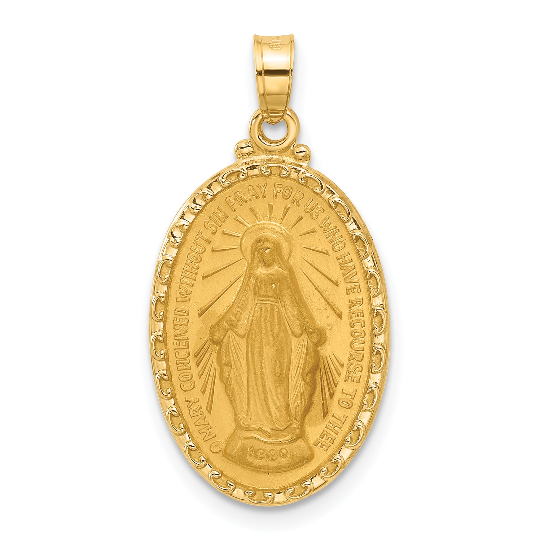 14k Satin and Polished Miraculous Medal Oval Solid Pendant