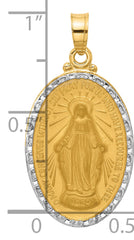 14K with Rhodium Satin and Polished Miraculous Medal Solid Oval Pendant