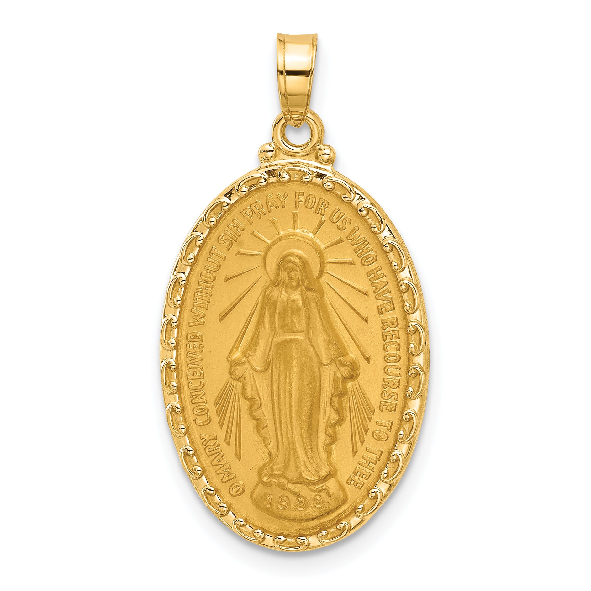 14k Satin and Polished Miraculous Medal Solid Oval Pendant