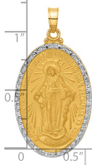 14K with Rhodium Satin and Polished Miraculous Medal Solid Oval Pendant