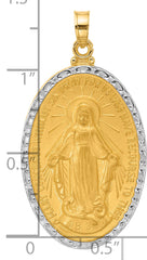 14K with Rhodium Satin and Polished Miraculous Medal Solid Oval Pendant