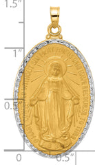 14K with Rhodium Satin and Polished Miraculous Medal Solid Oval Pendant