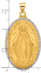 14K with Rhodium Satin and Polished Miraculous Medal Solid Oval Pendant