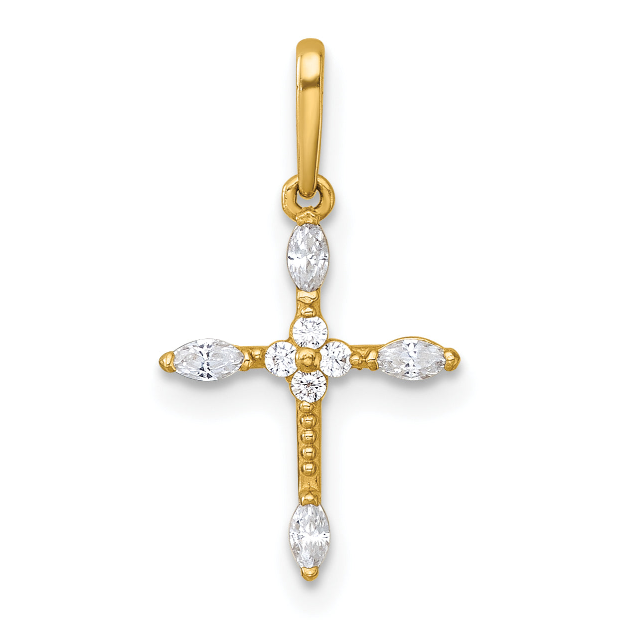 14k Polished and Beaded Fancy CZ Cross Charm / Pendant