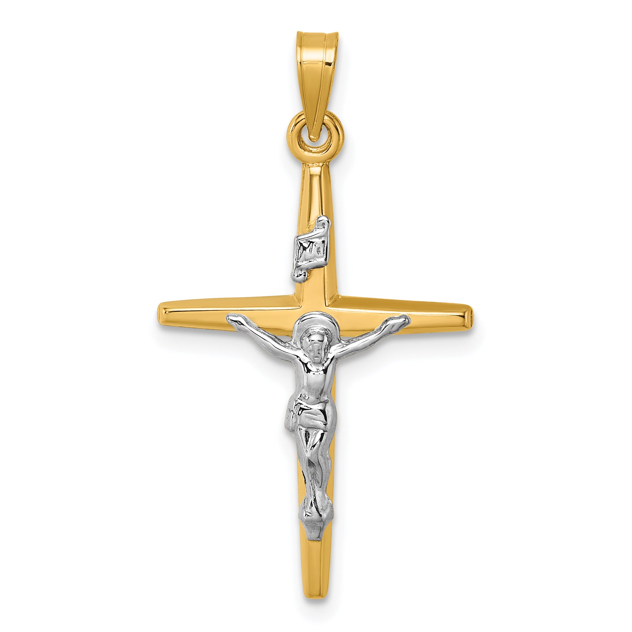 14k with White Rhodium Polished INRI Crucifix Cross Pendant
