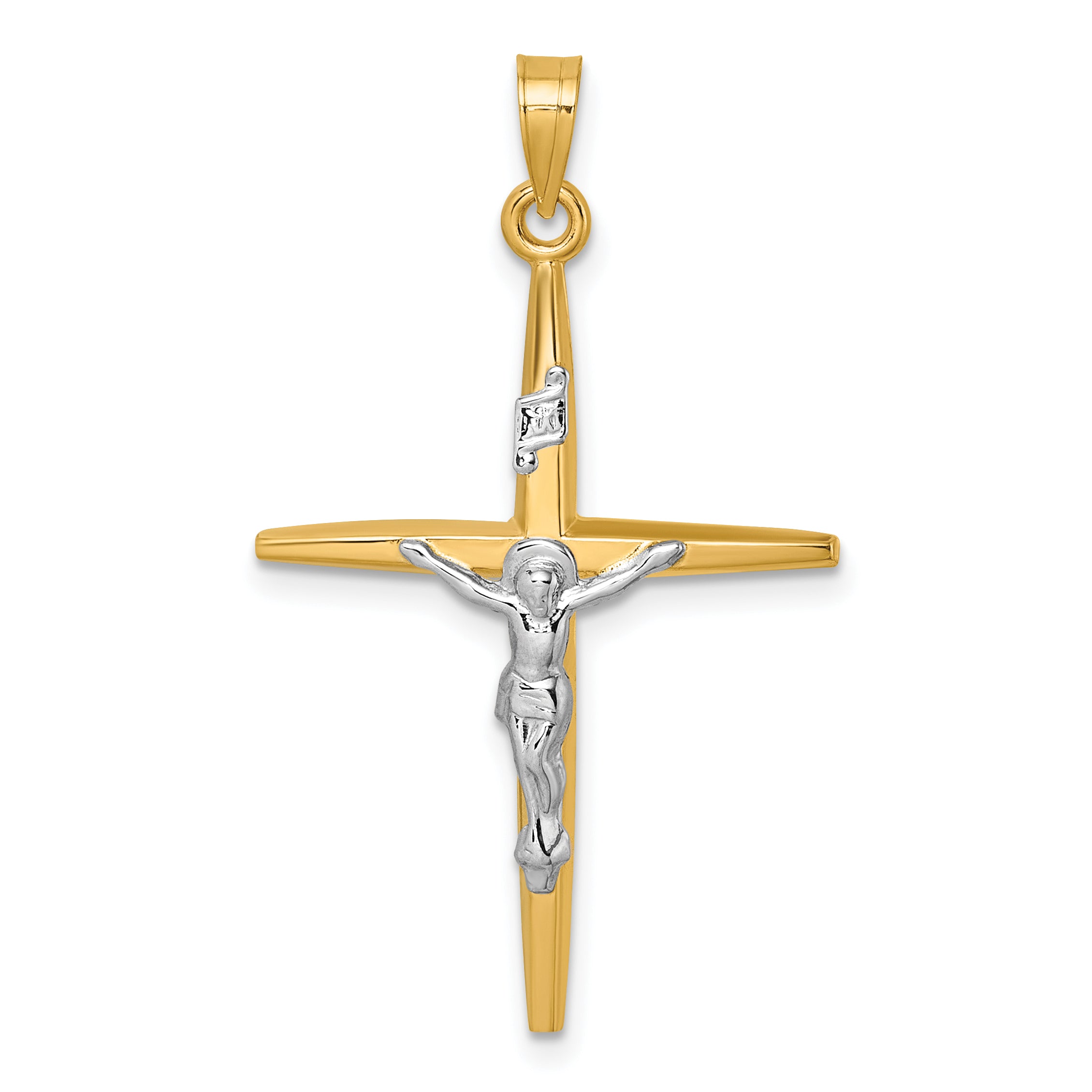14k with White Rhodium Polished INRI Crucifix Cross Pendant