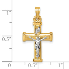14k with White Rhodium Polished and Textured INRI Crucifix Cross Pendant
