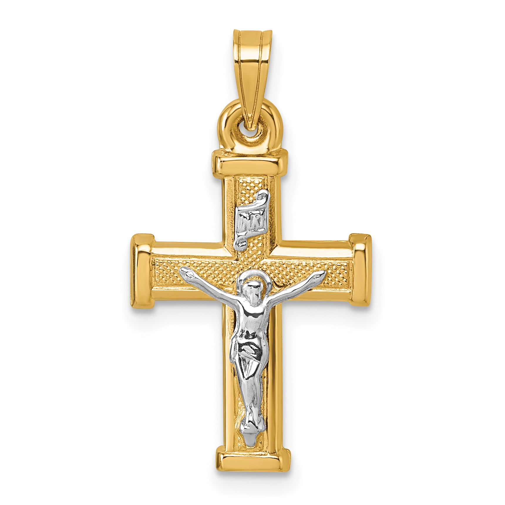 14k with White Rhodium Polished and Textured INRI Crucifix Cross Pendant