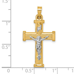 14k with White Rhodium Polished and Textured INRI Crucifix Cross Pendant