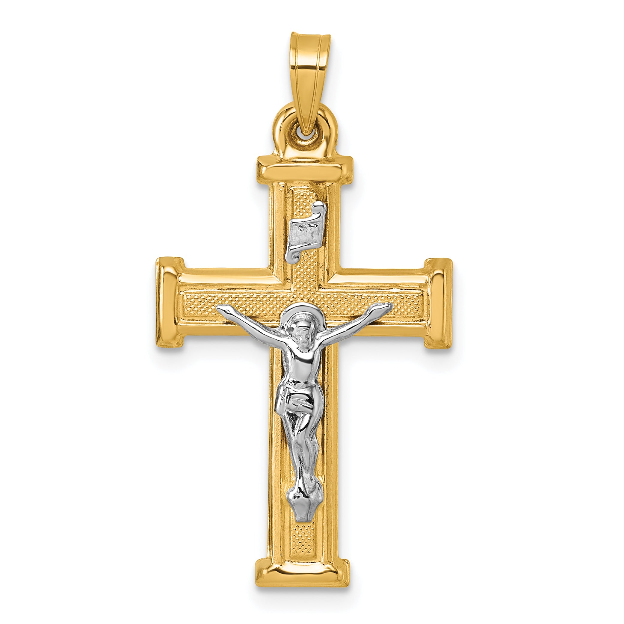 14k with White Rhodium Polished and Textured INRI Crucifix Cross Pendant