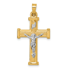 14k with White Rhodium Polished and Textured INRI Crucifix Cross Pendant