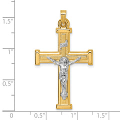 14k with White Rhodium Polished and Textured INRI Crucifix Cross Pendant