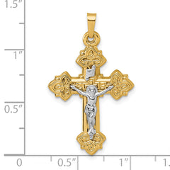 14k with White Rhodium Polished Fleur de Lis INRI Crucifix Cross Pendant