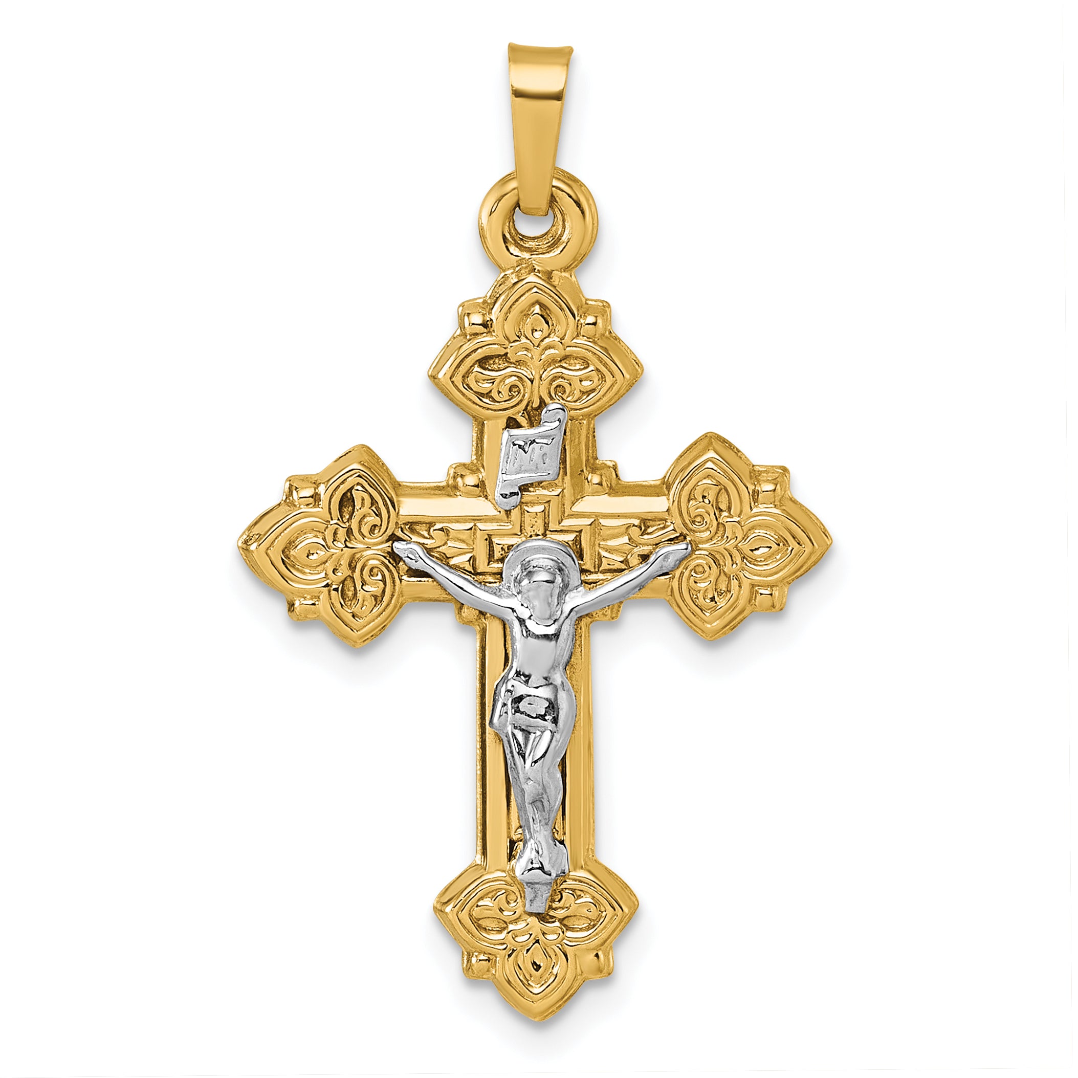 14k with White Rhodium Polished Fleur de Lis INRI Crucifix Cross Pendant