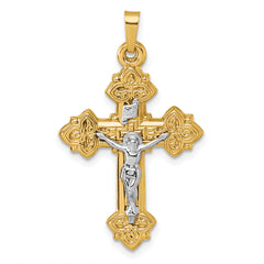 14k with White Rhodium Polished Fleur de Lis INRI Crucifix Cross Pendant